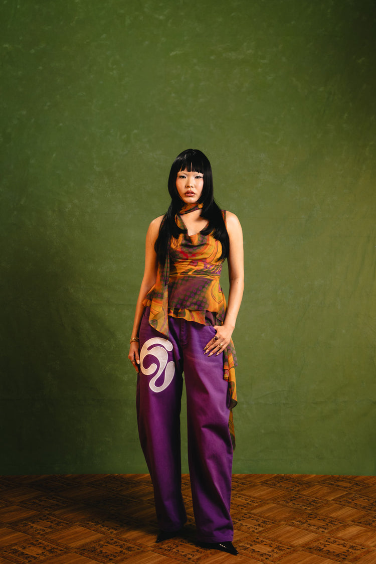 Khala Denim Barrel Leg Logo Embroidered Jeans - Purple