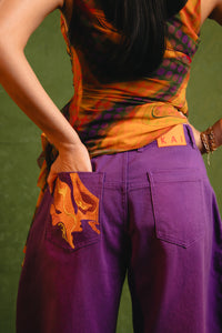 Khala Denim Barrel Leg Logo Embroidered Jeans - Purple