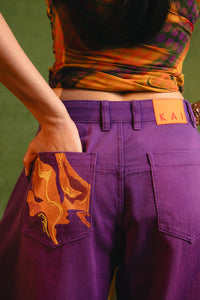 Khala Denim Barrel Leg Logo Embroidered Jeans - Purple