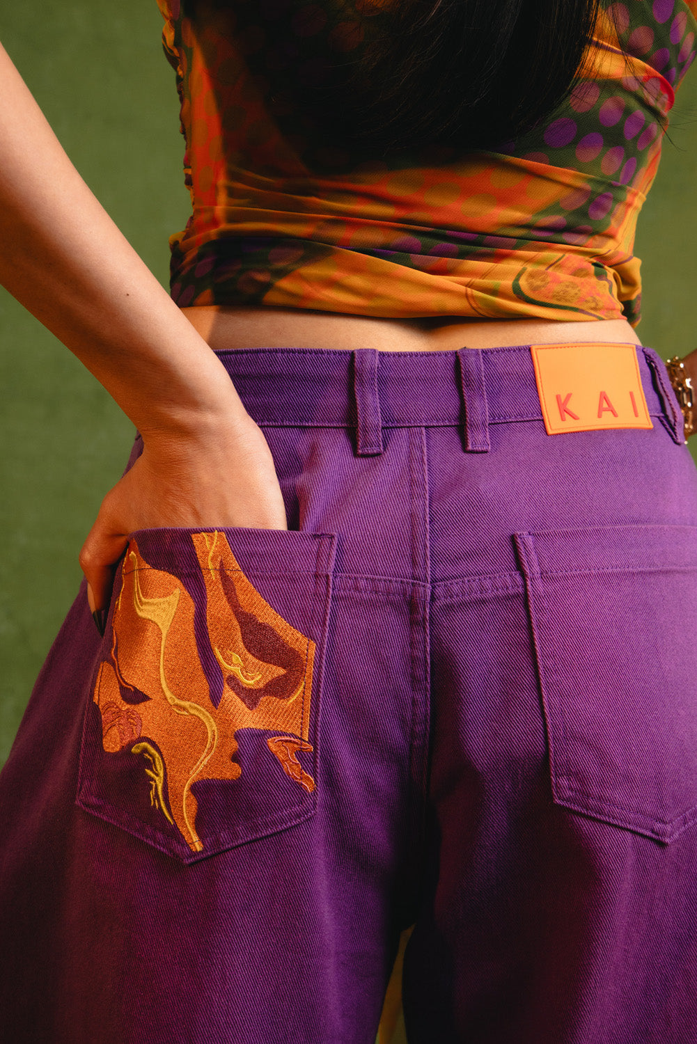 Khala Denim Barrel Leg Logo Embroidered Jeans - Purple