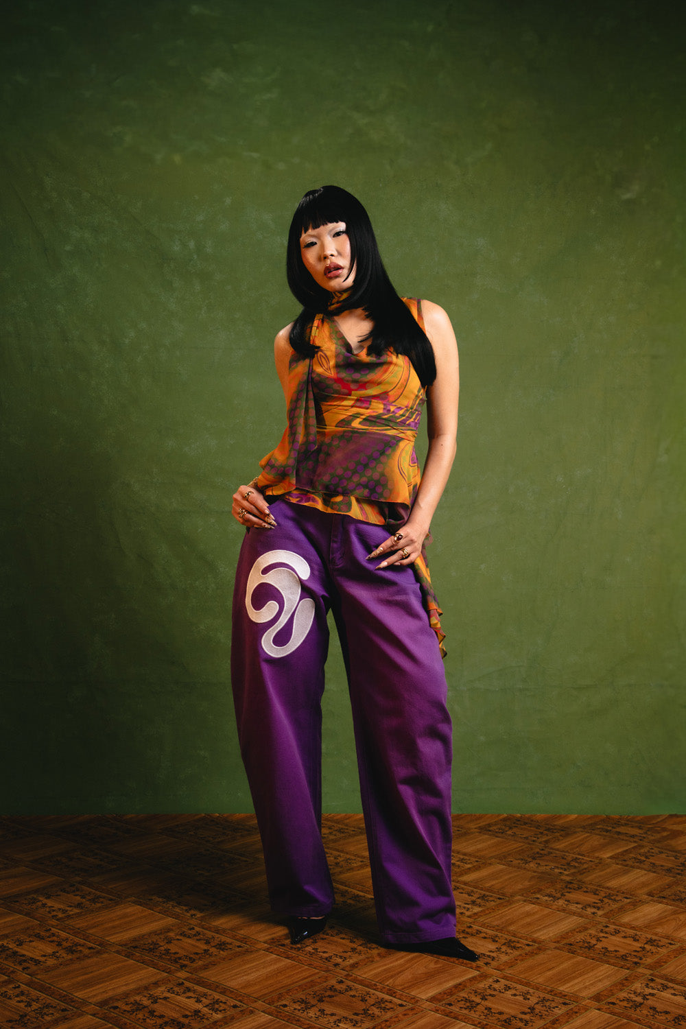 Khala Denim Barrel Leg Logo Embroidered Jeans - Purple