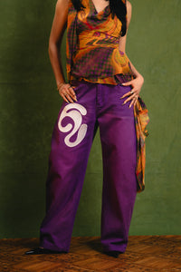Khala Denim Barrel Leg Logo Embroidered Jeans - Purple