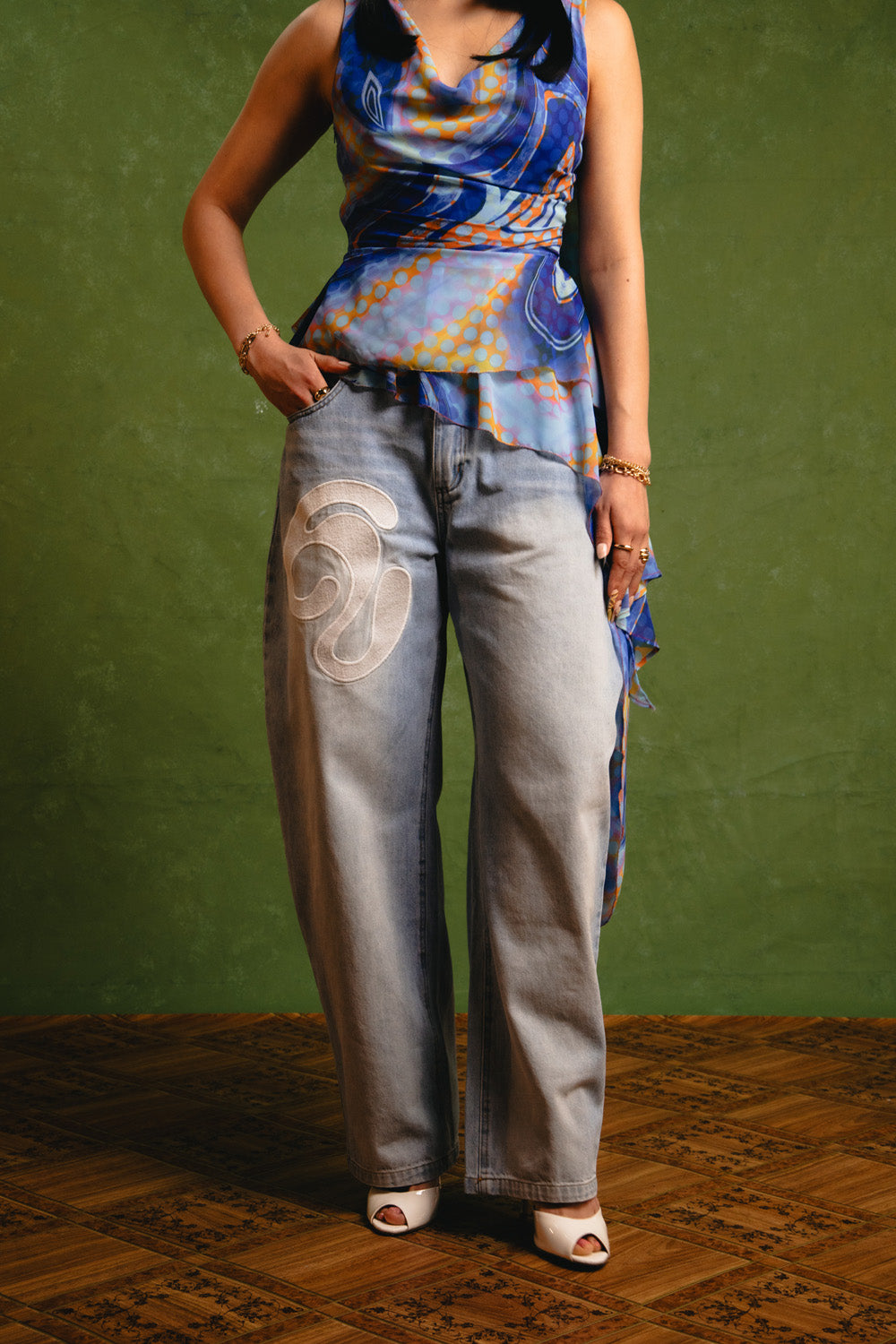 Koa Denim Barrel Leg Logo Embroidered Jeans - Light Blue