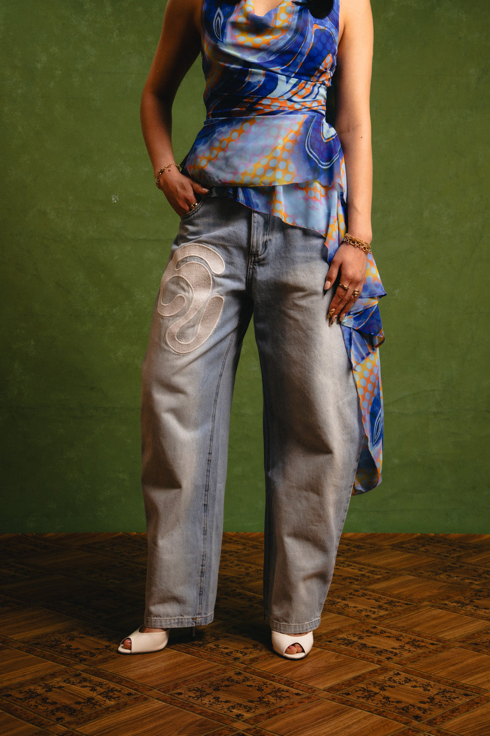 Koa Denim Barrel Leg Logo Embroidered Jeans - Light Blue