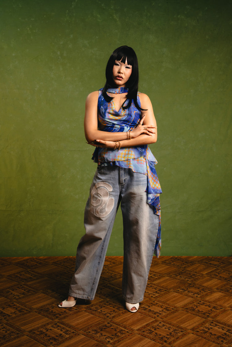 Koa Denim Barrel Leg Logo Embroidered Jeans - Light Blue