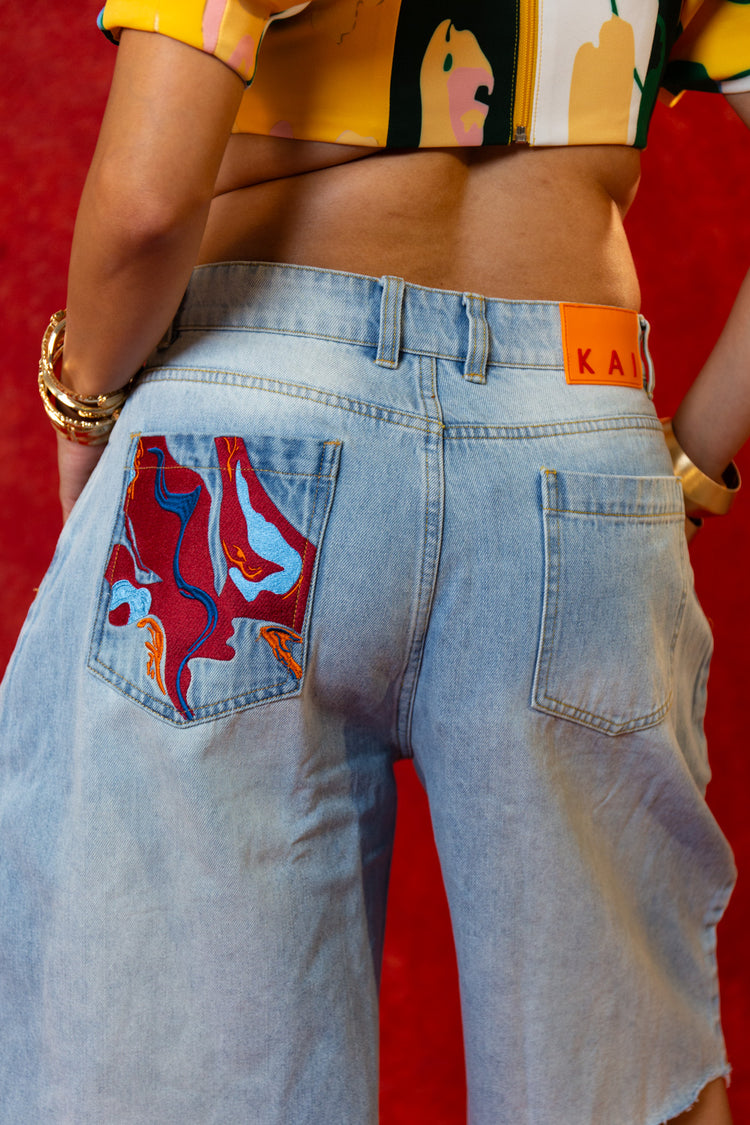 Koa Denim Logo Embroidered Jorts - Light Blue