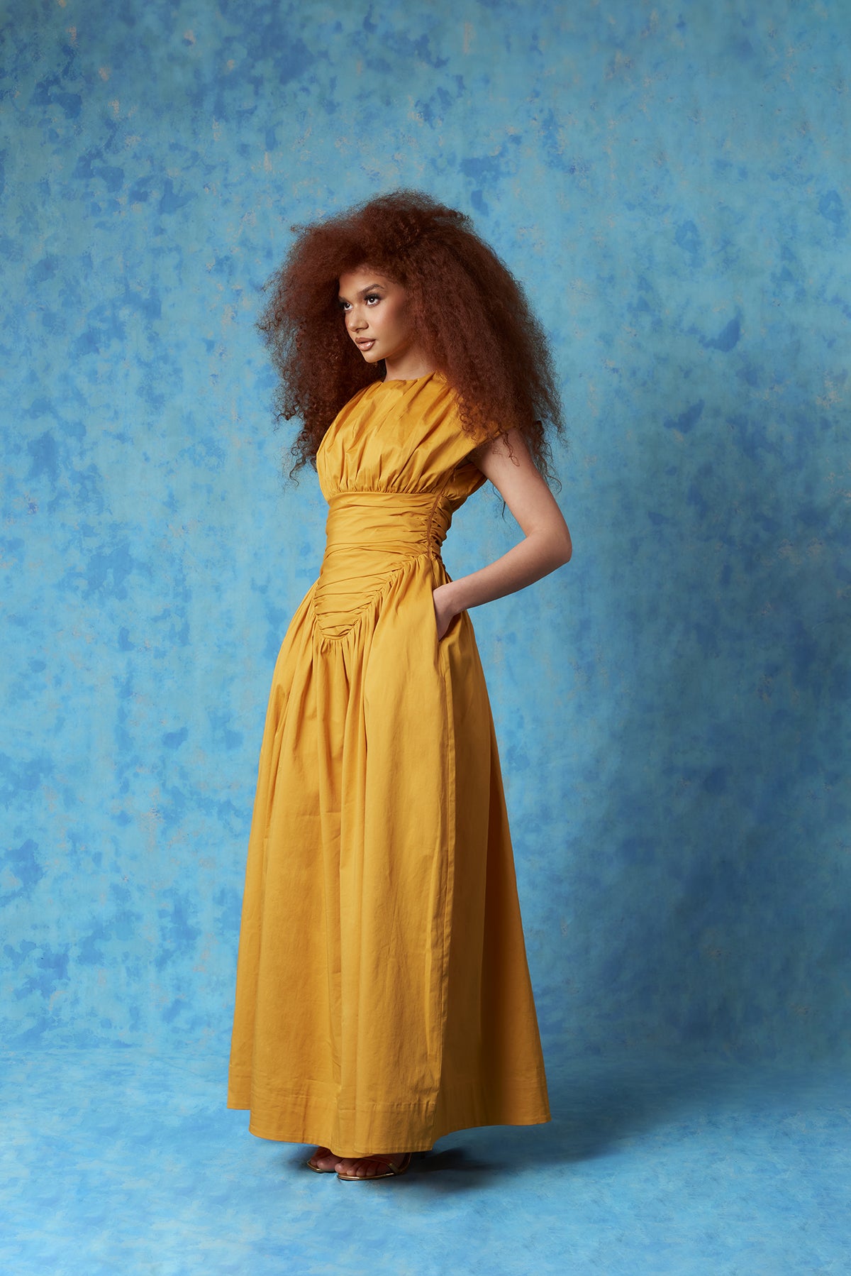 Adesuwa Ruched Cotton Long Dress - Yellow Ochre