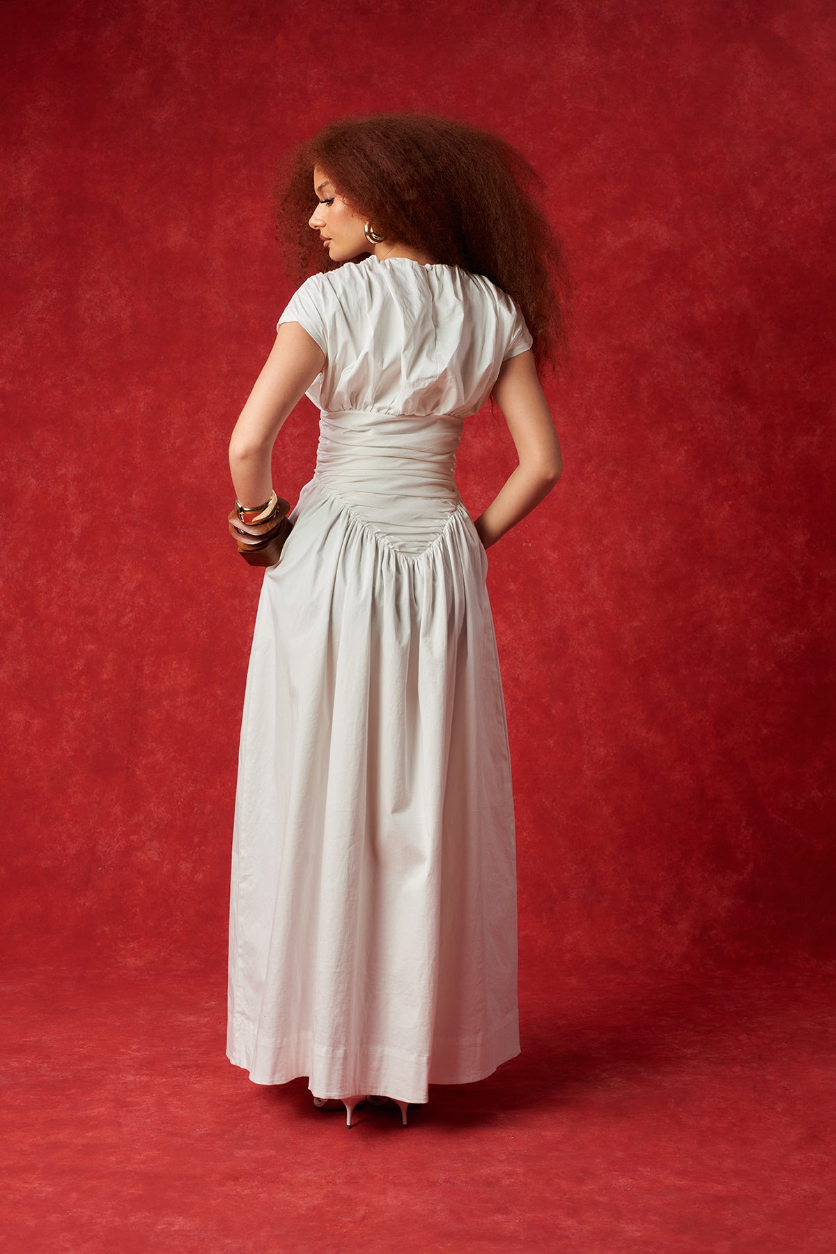 Adesuwa Ruched Cotton Long Dress - White