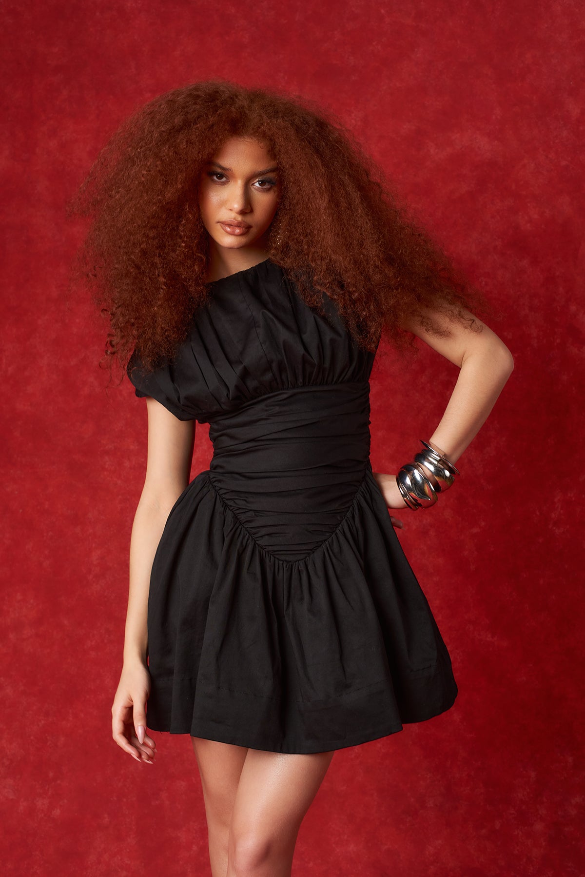 Adesuwa Ruched Cotton Mini Dress - Black