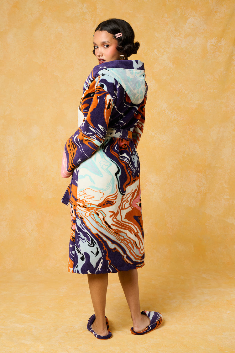 Gaia Hooded Printed Robe - Purple