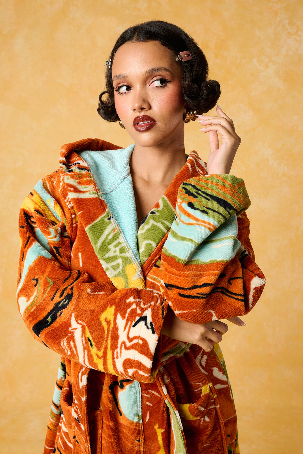 Gaia Hooded Printed Robe - Orange — Kai Collective