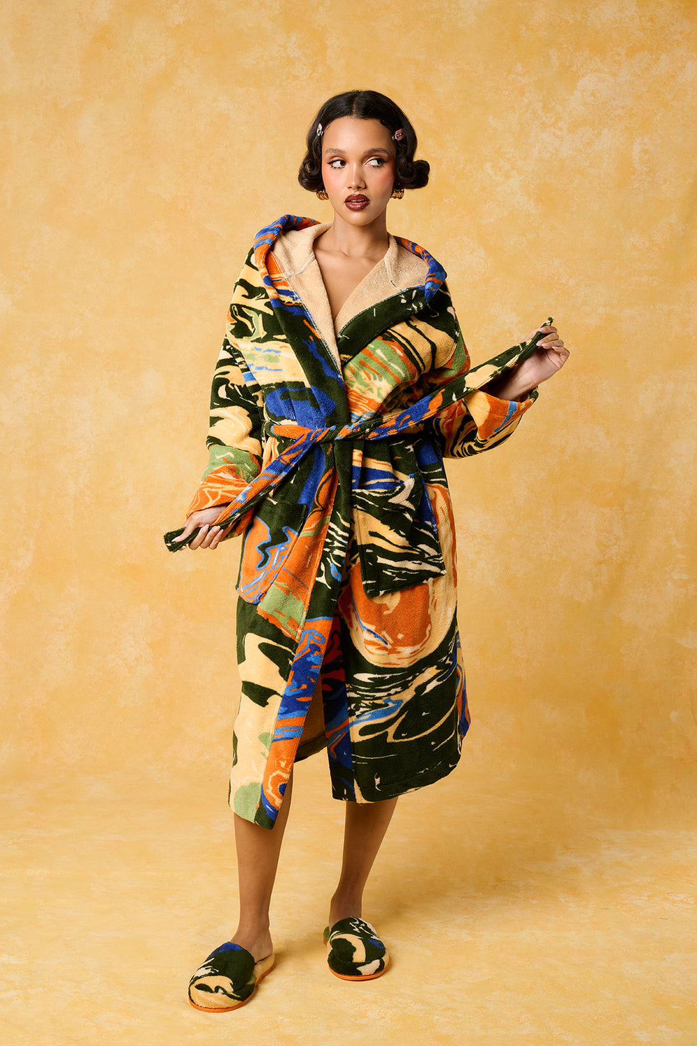 Gaia Hooded Printed Robe - Forest Green