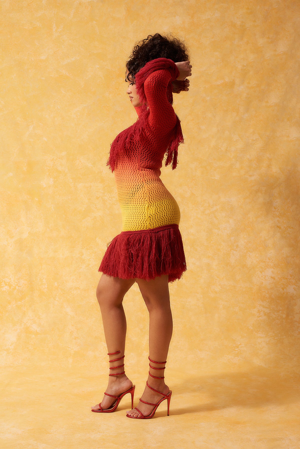 Isis Fringed Ombre Knitted Mini Dress - Red