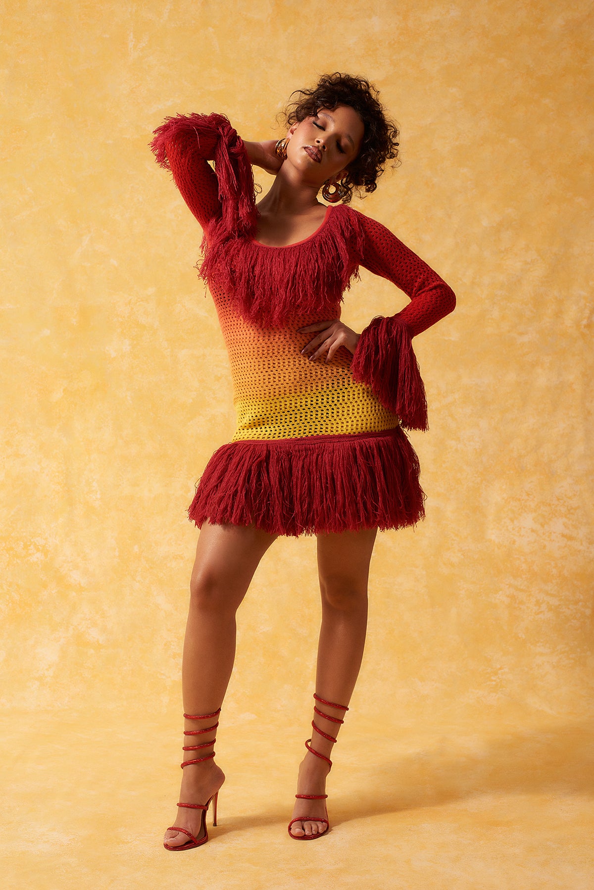 Isis Fringed Ombre Knitted Mini Dress - Red
