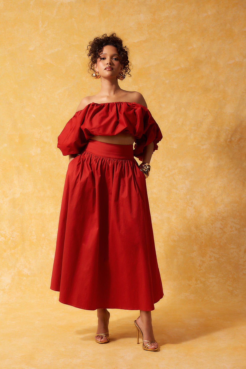 Amaya Cotton Gathered Maxi Skirt - Red