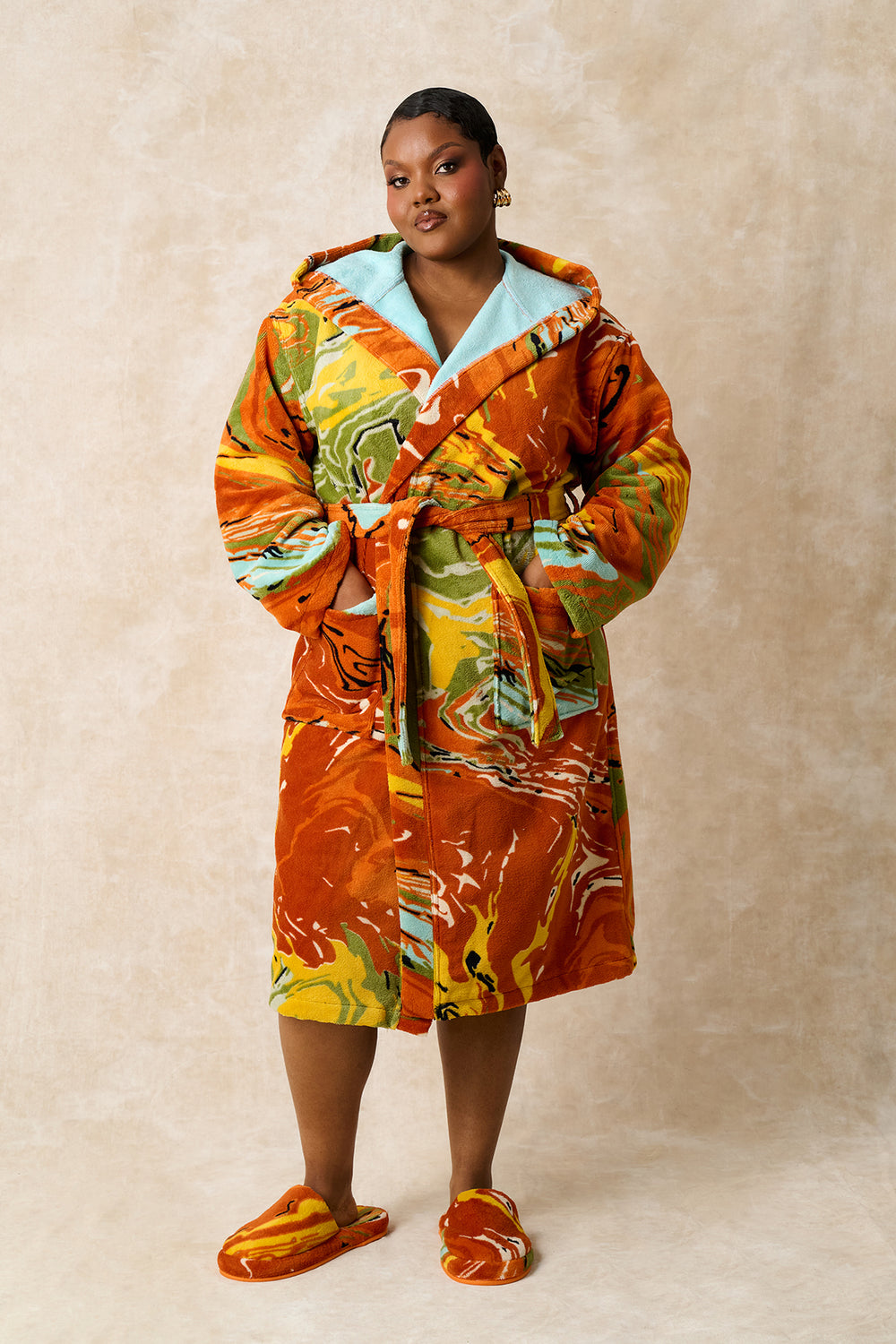 Gaia Hooded Printed Robe - Orange — Kai Collective
