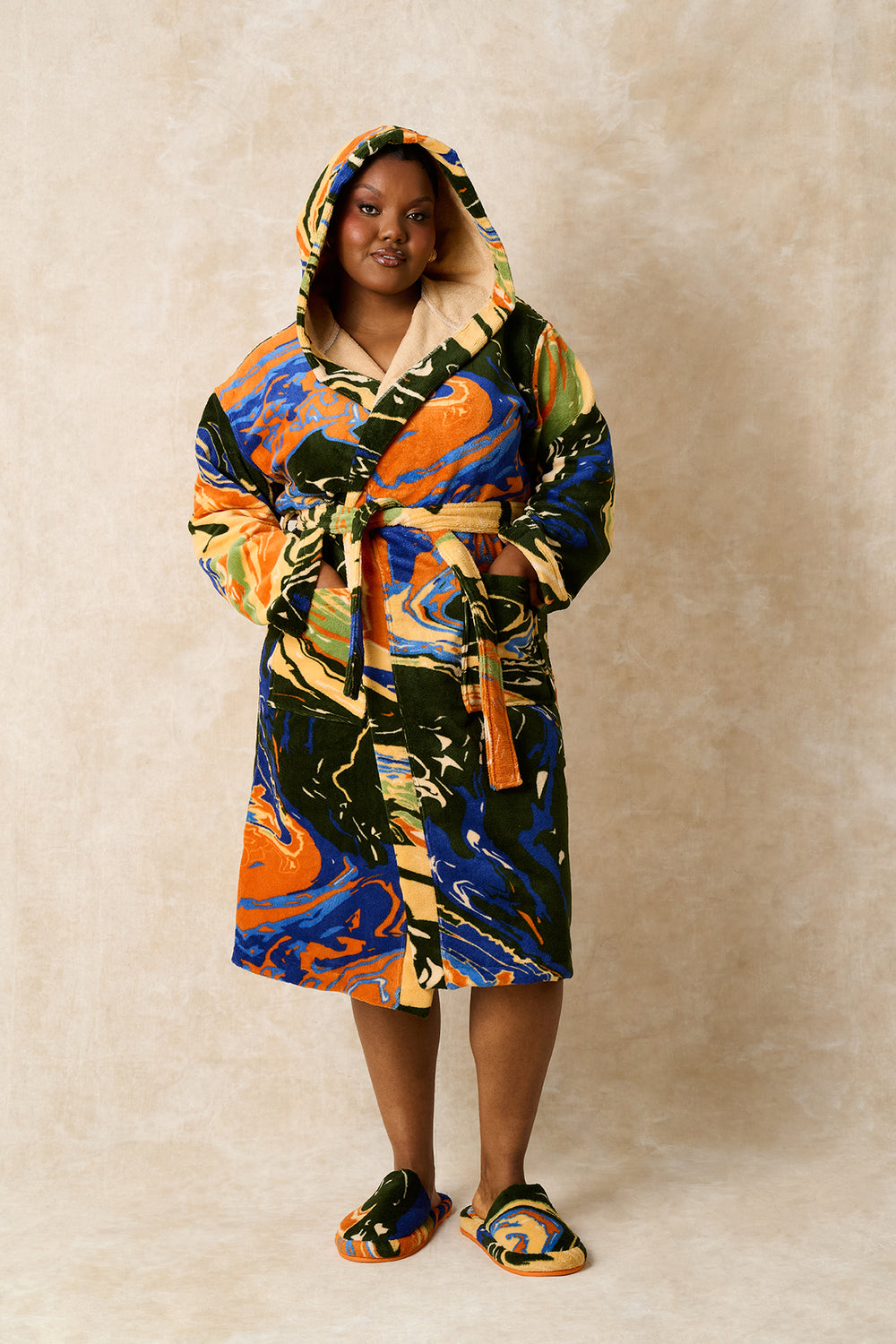 Gaia Hooded Printed Robe - Forest Green