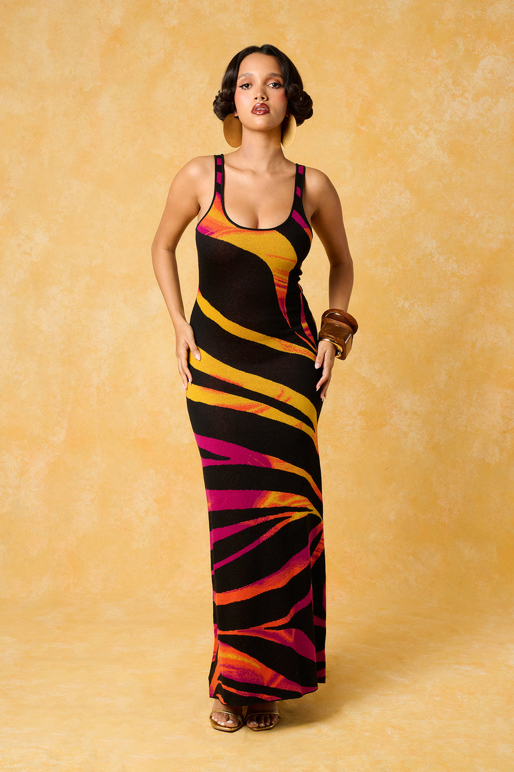 Safia Zebra Knitted Square Neck Maxi Dress