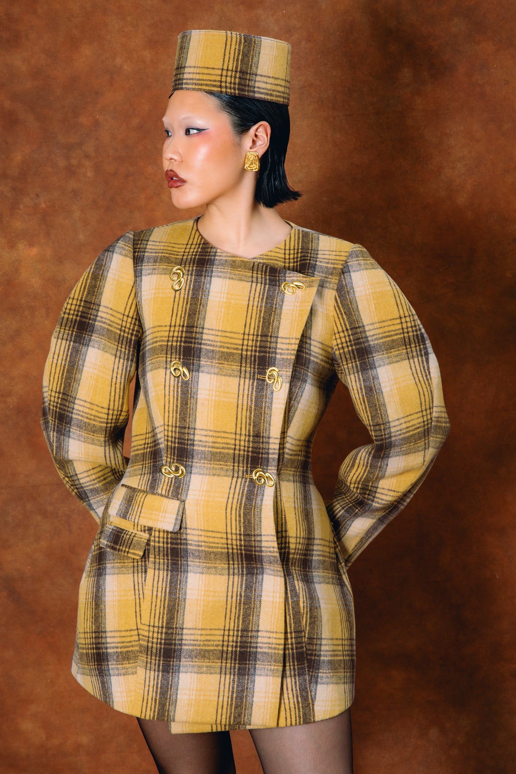 Monroe Checkered Double-Breasted Mini Dress - Gold Kai Collective Monroe Checkered Double-Breasted Mini Dress - Gold Kai Collective