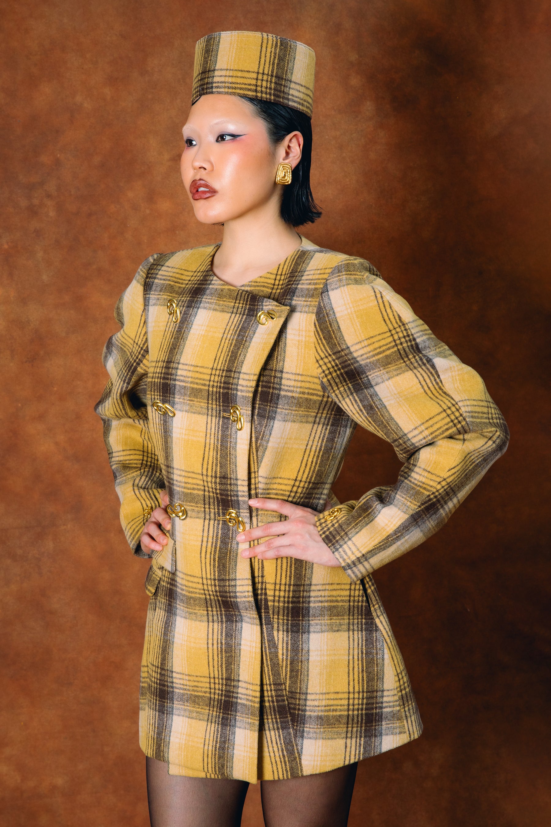 Monroe Checkered Double-Breasted Mini Dress - Gold