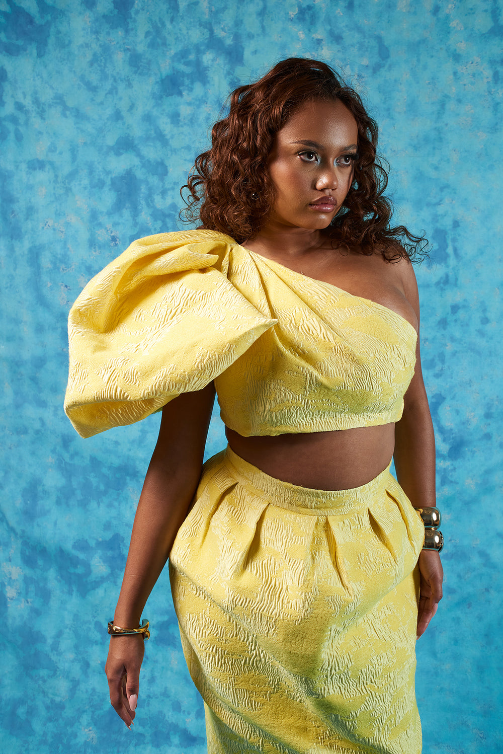 Ayat Jacquard Puff Sleeve One Shoulder Top Yellow — Kai Collective