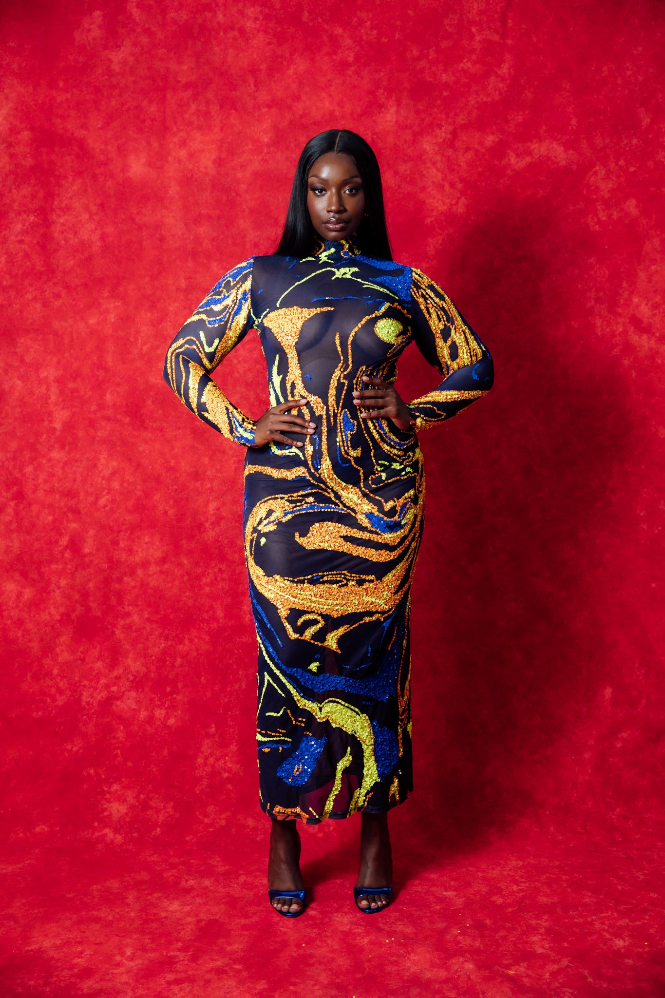 Embellished Gaia Long Sleeve Printed Mesh Dress - Navy