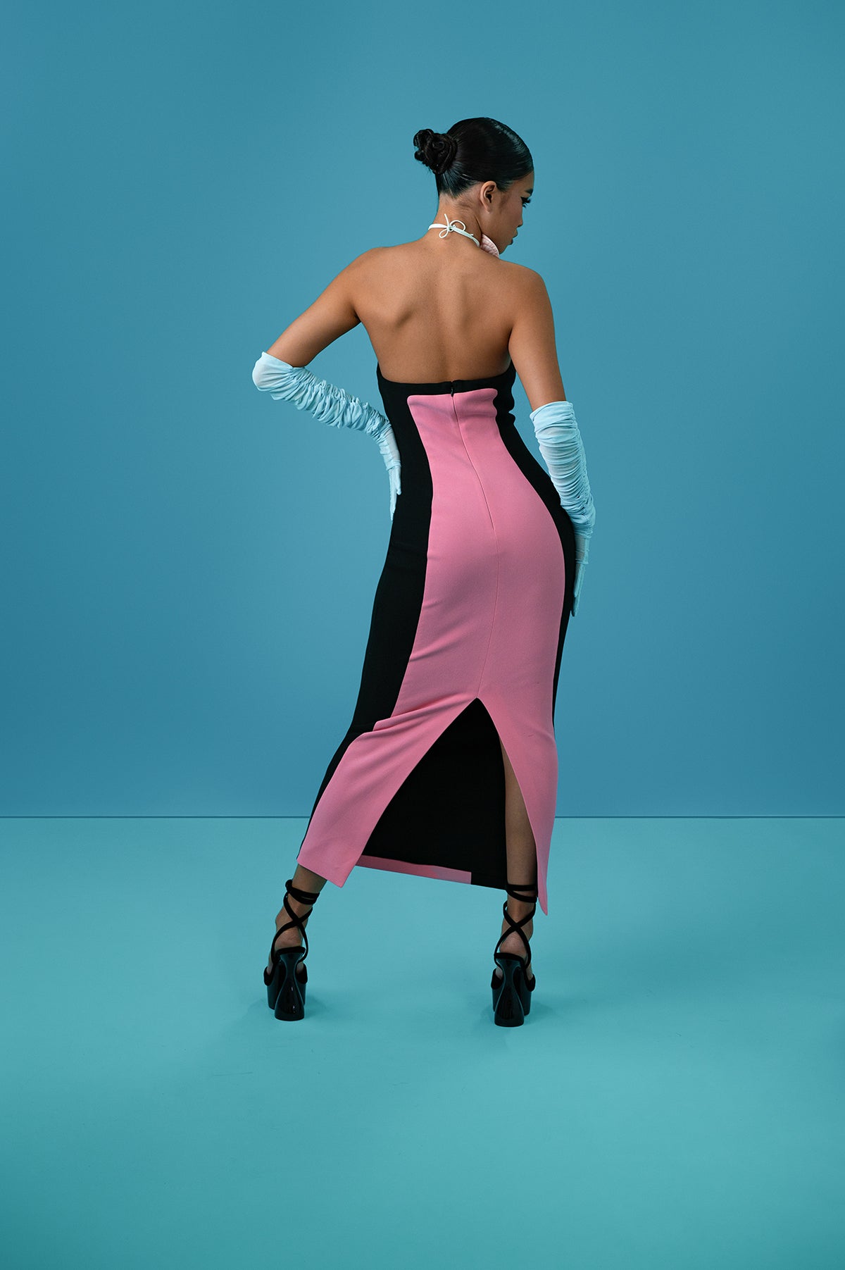 Amelie Bandeau Panelled Midi Dress - Black and Pink