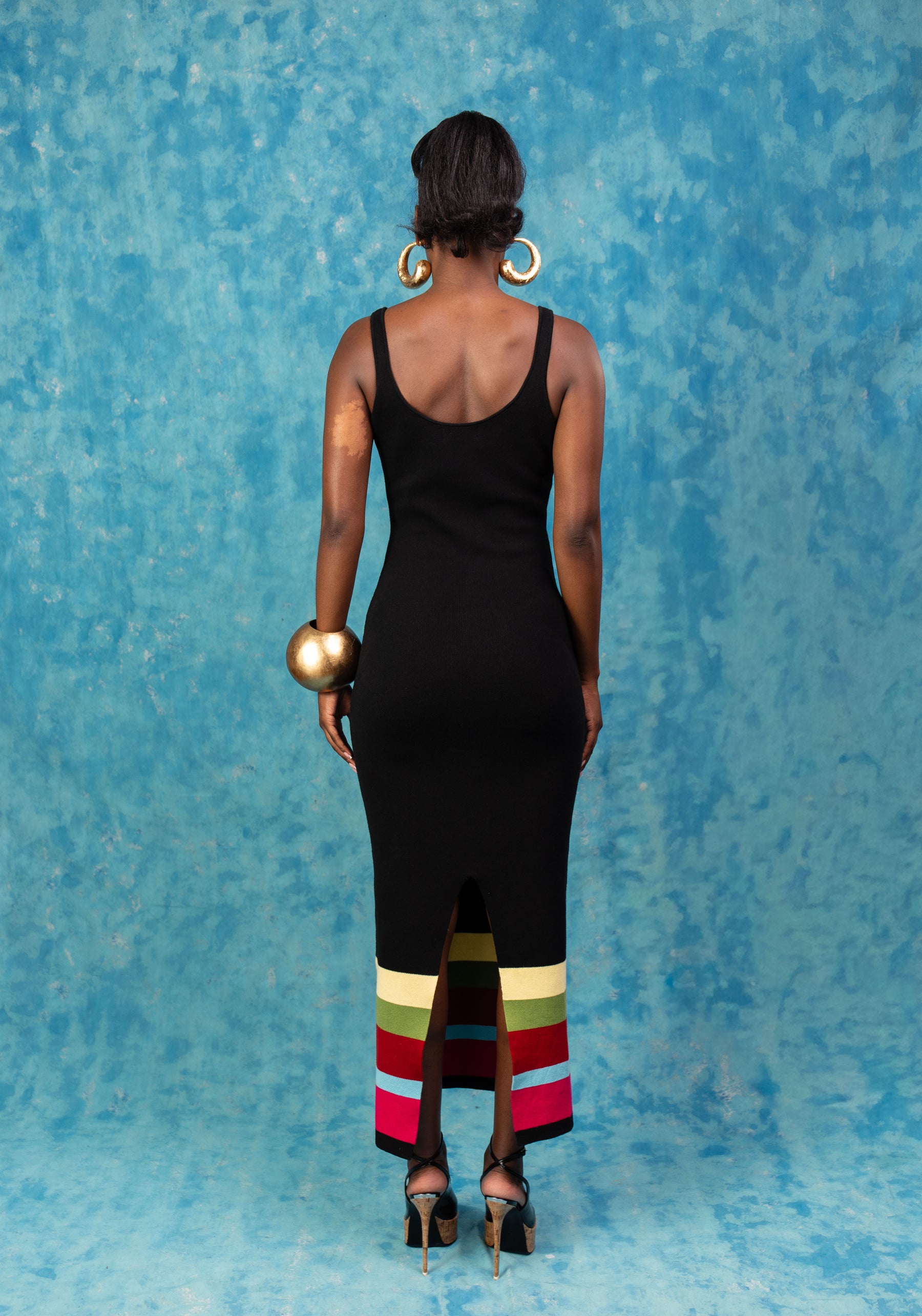 Amina Knitted Stripe Maxi Dress - Black