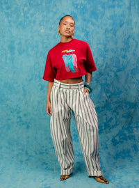 Kaili Oversized Cotton Printed Crop Top - Red