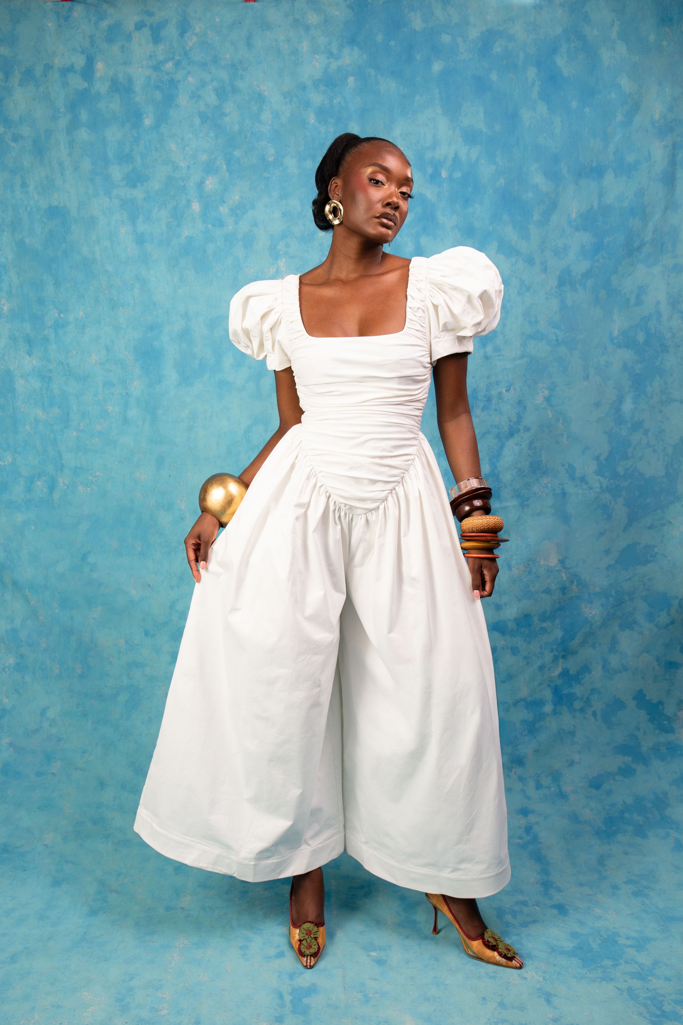 Adesola Ruched Cotton Jumpsuit - White