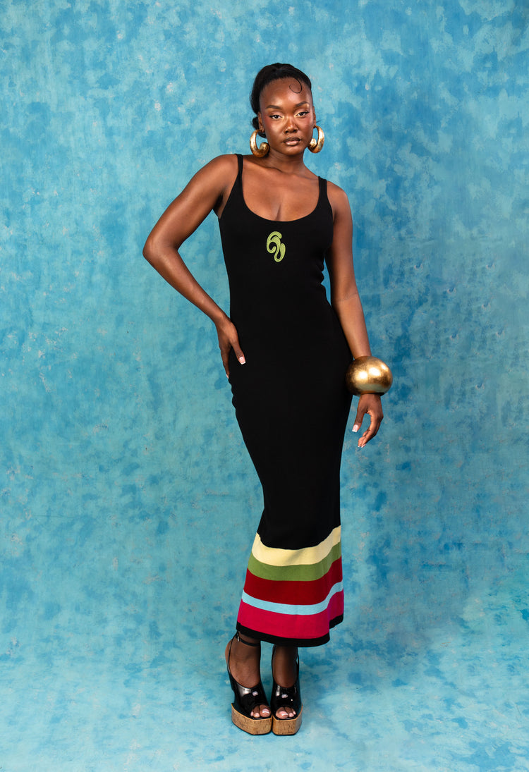 Amina Knitted Stripe Maxi Dress - Black