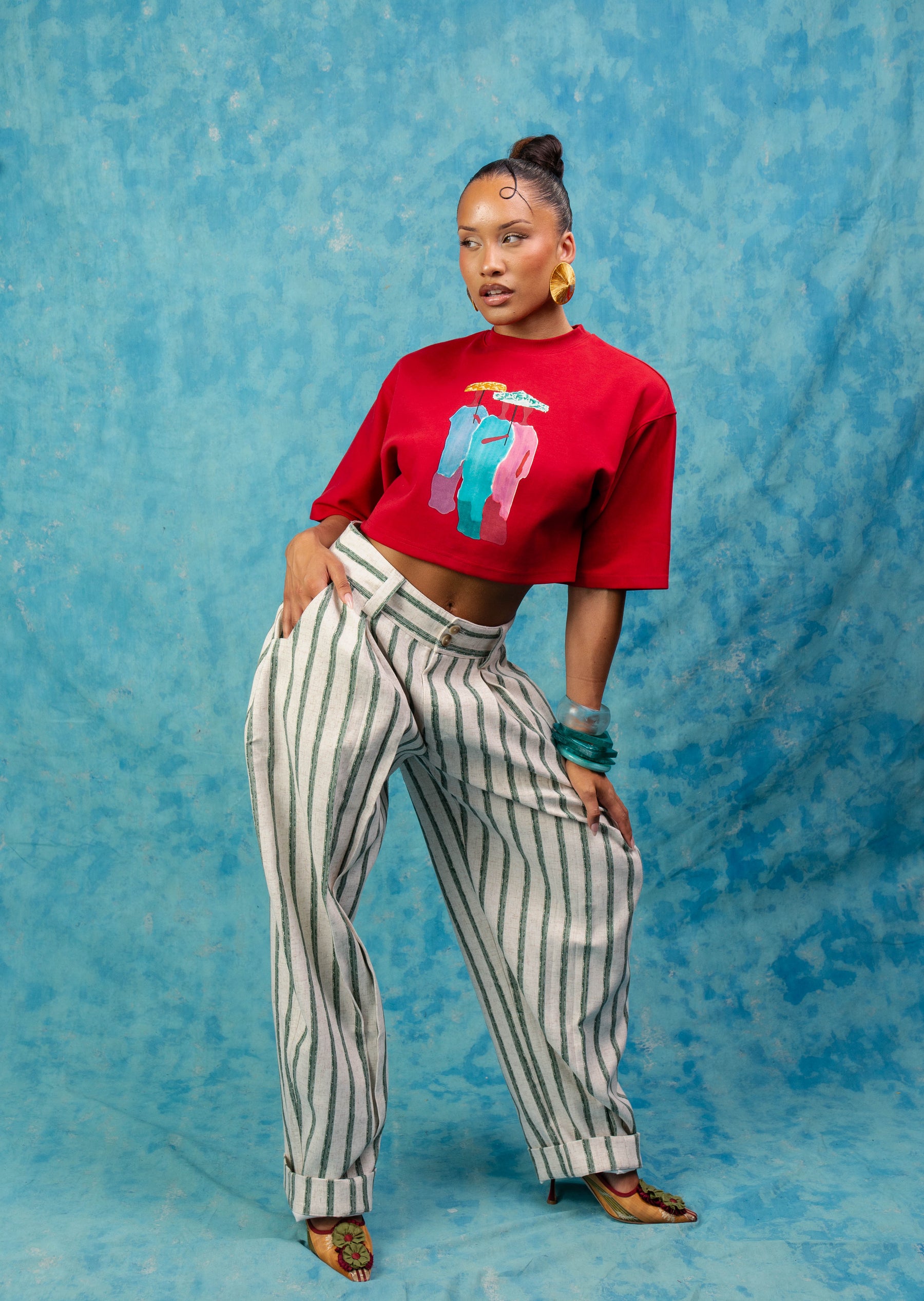 Kaili Oversized Cotton Printed Crop Top - Red