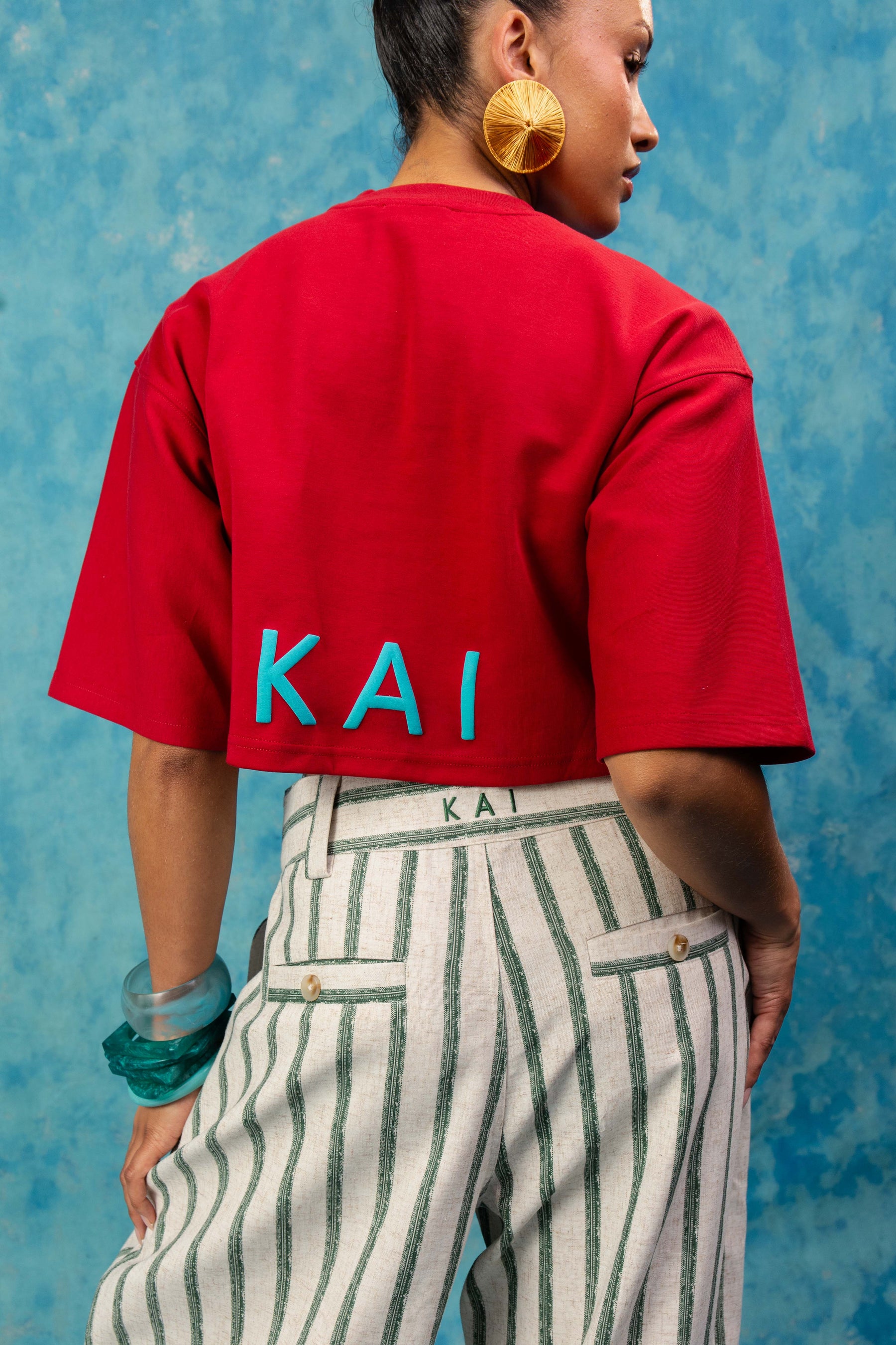 Kaili Oversized Cotton Printed Crop Top - Red