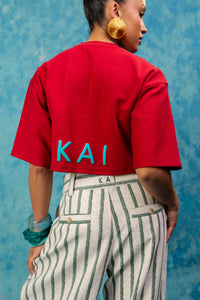 Kaili Oversized Cotton Printed Crop Top - Red