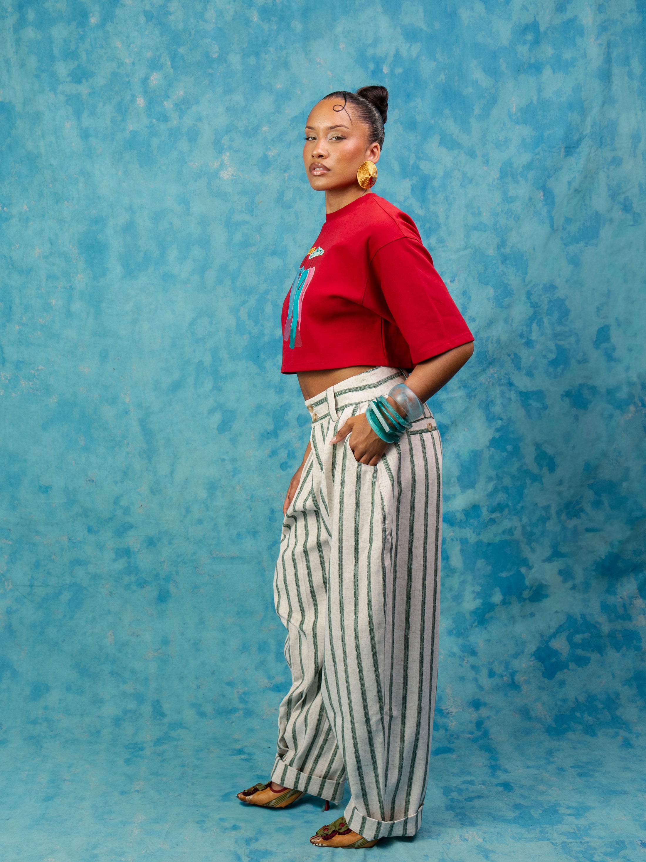 Kaili Oversized Cotton Printed Crop Top - Red