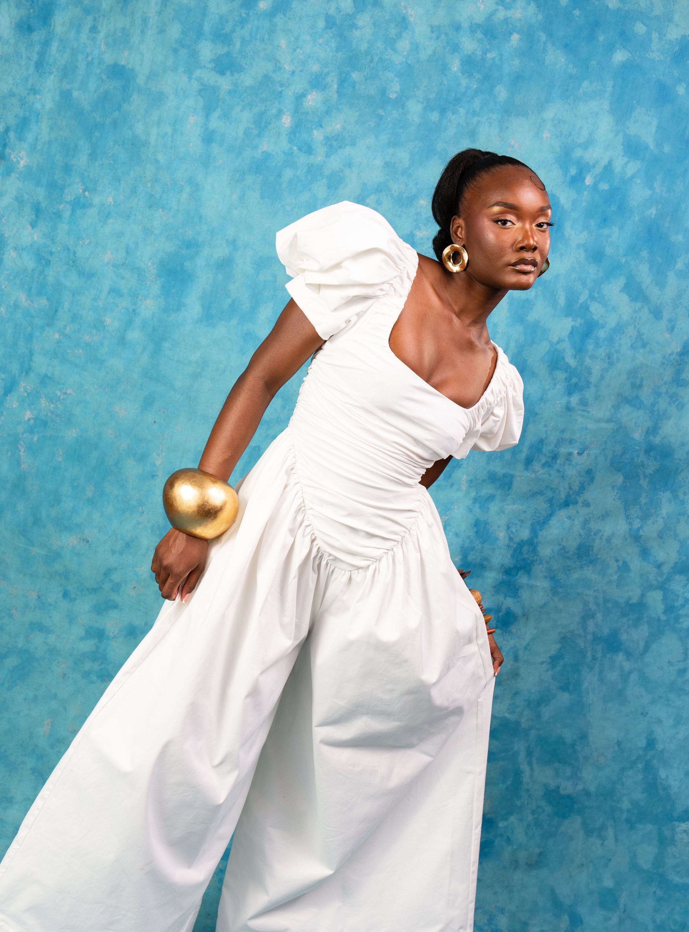 Adesola Ruched Cotton Jumpsuit - White