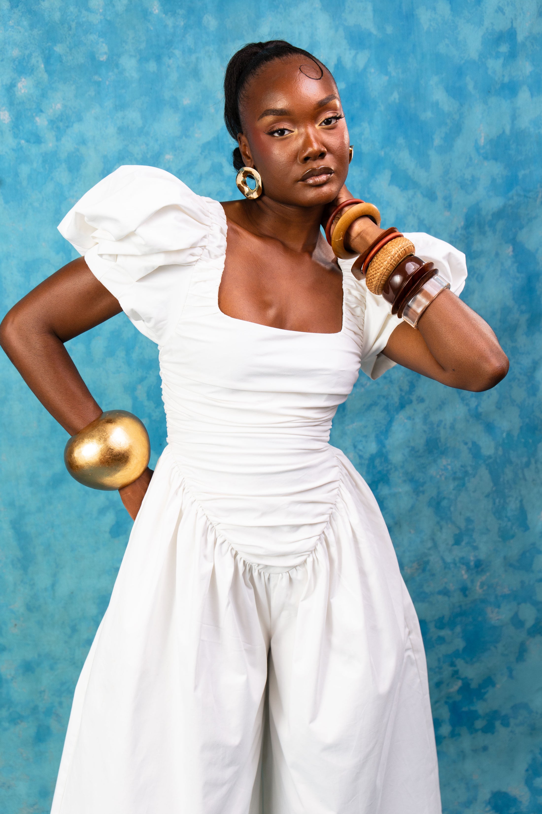 Adesola Ruched Cotton Jumpsuit - White