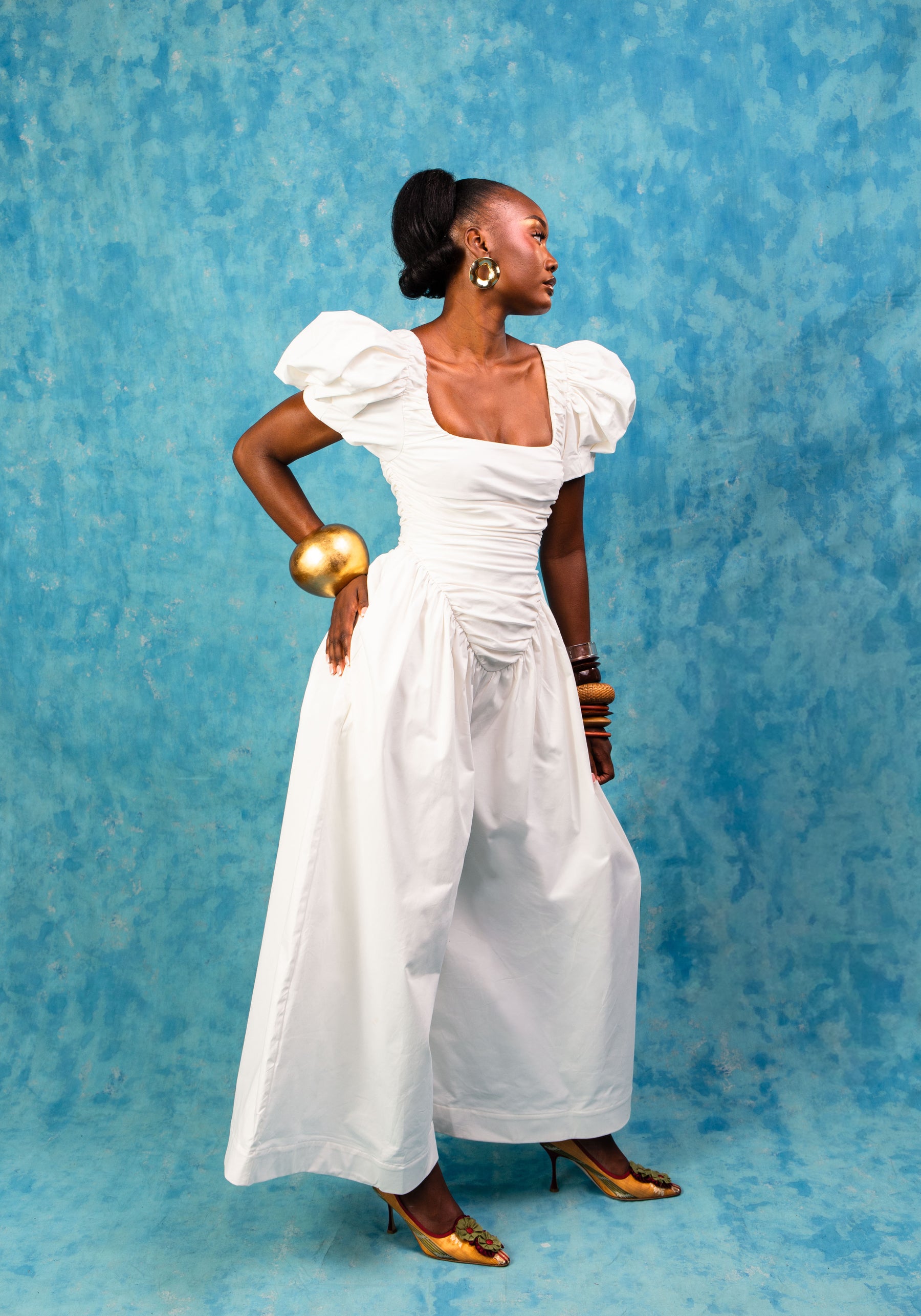 Adesola Ruched Cotton Jumpsuit - White