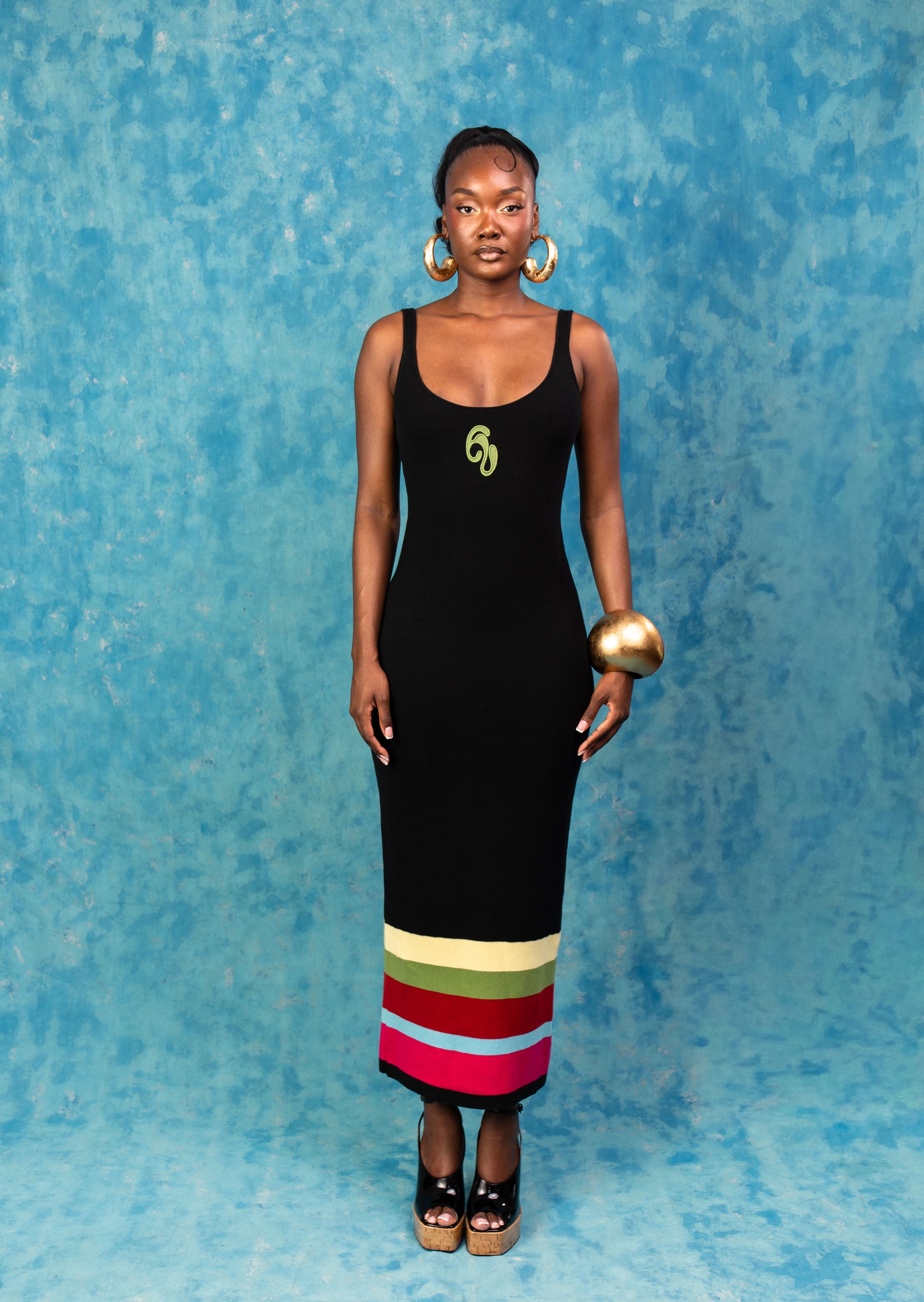 Amina Knitted Stripe Maxi Dress - Black