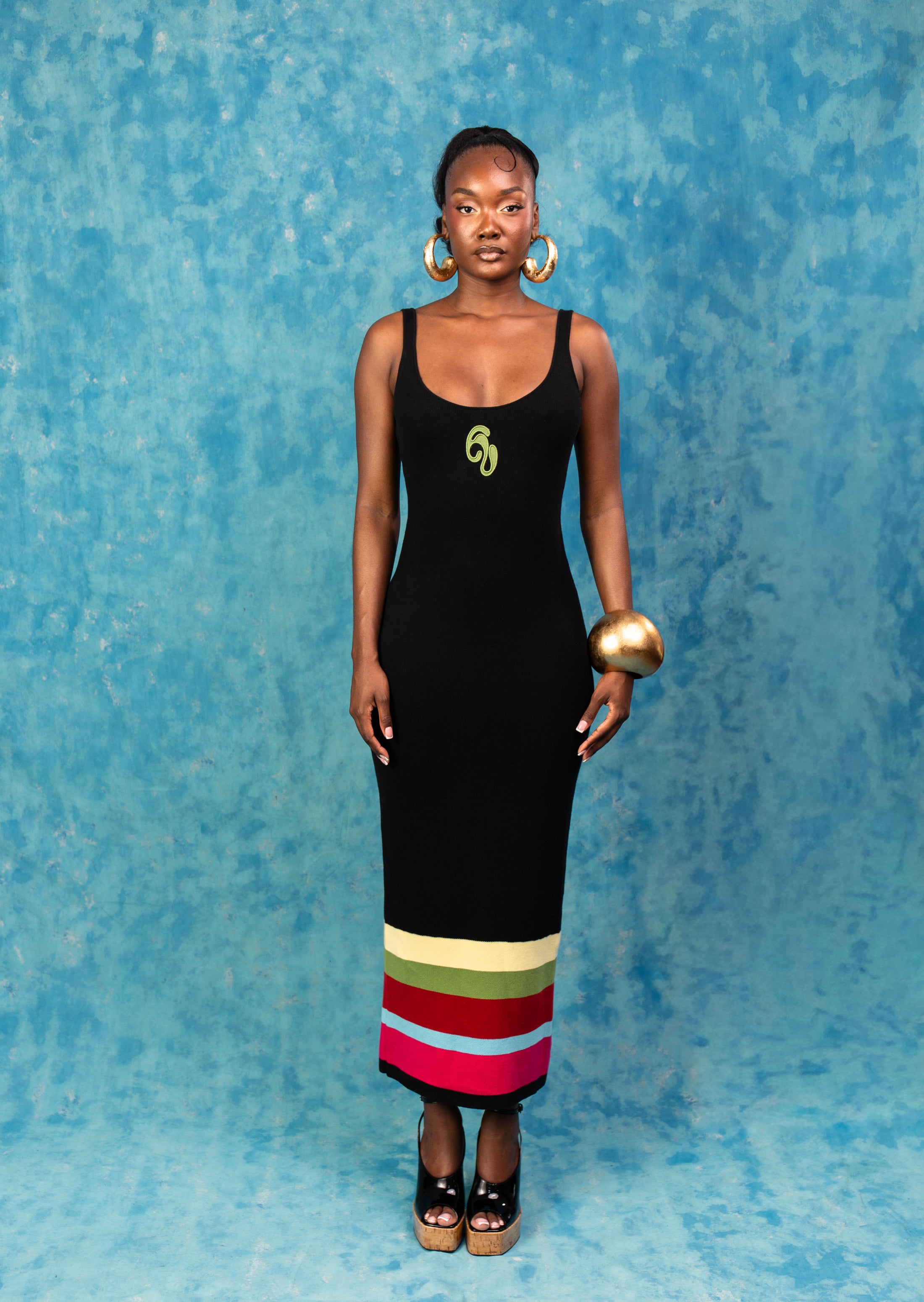 Amina Knitted Stripe Maxi Dress - Black