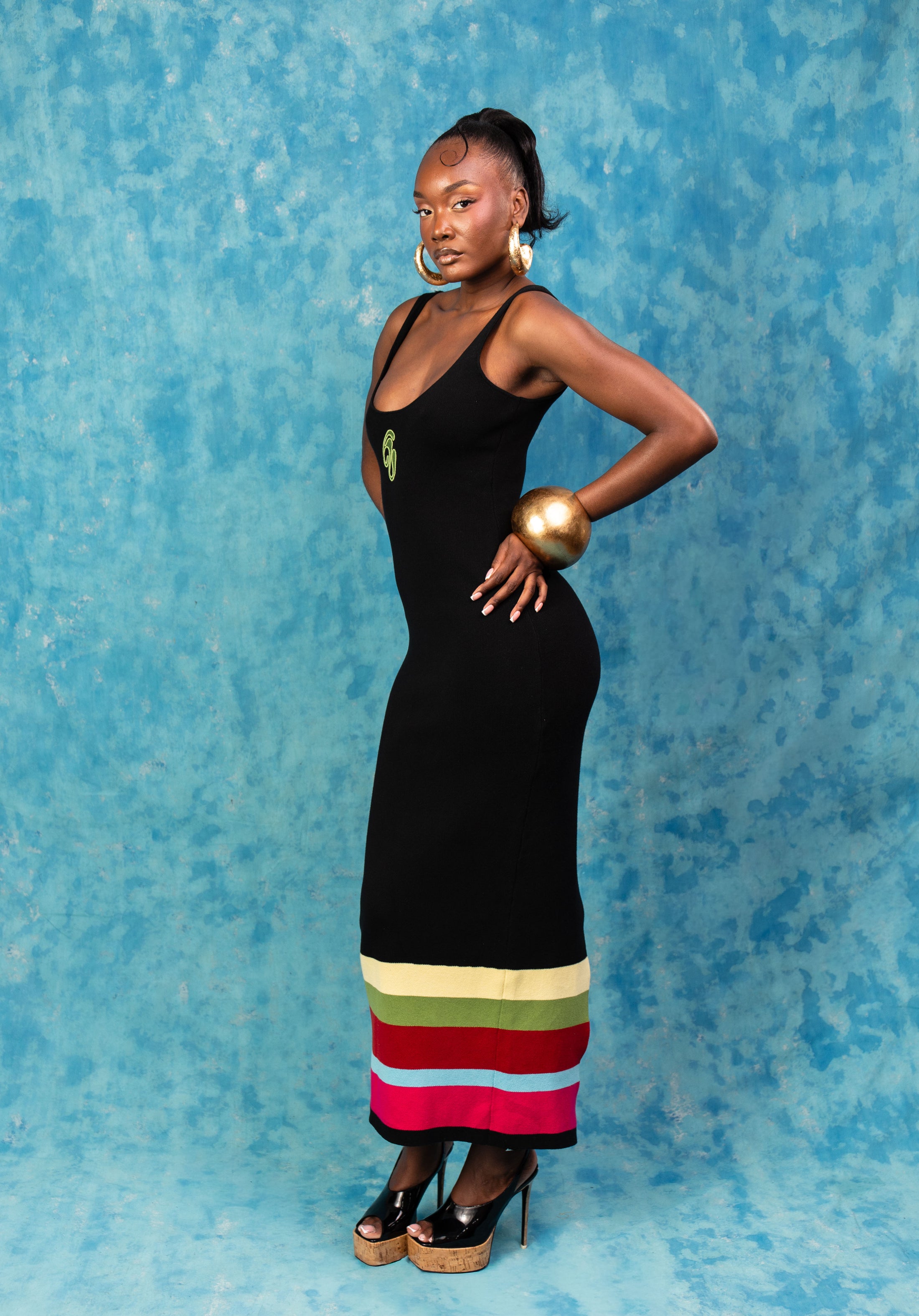 Amina Knitted Stripe Maxi Dress - Black