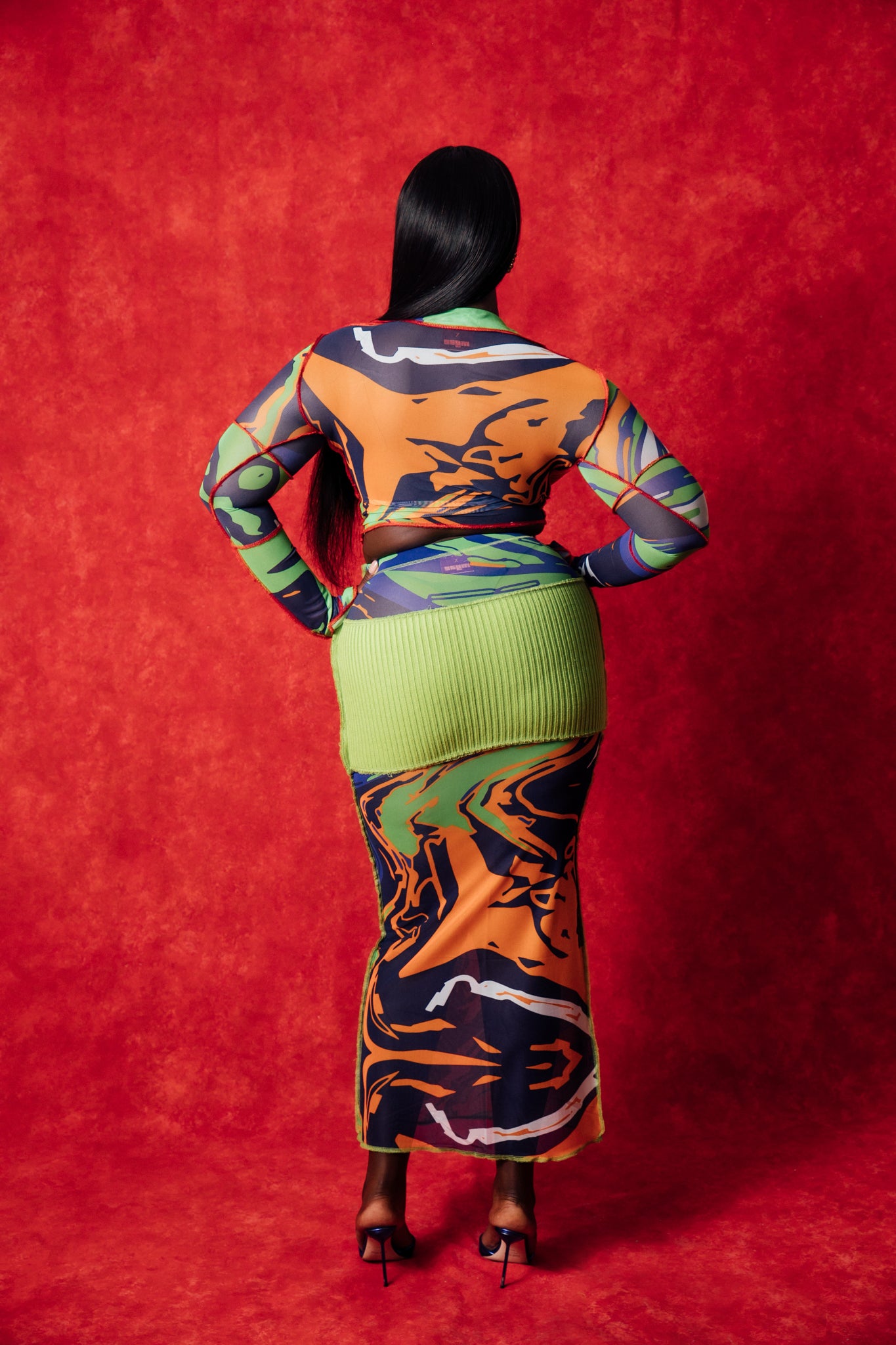 KAI X MYAE Gaia Print Mesh Ribbed Knit Maxi Skirt