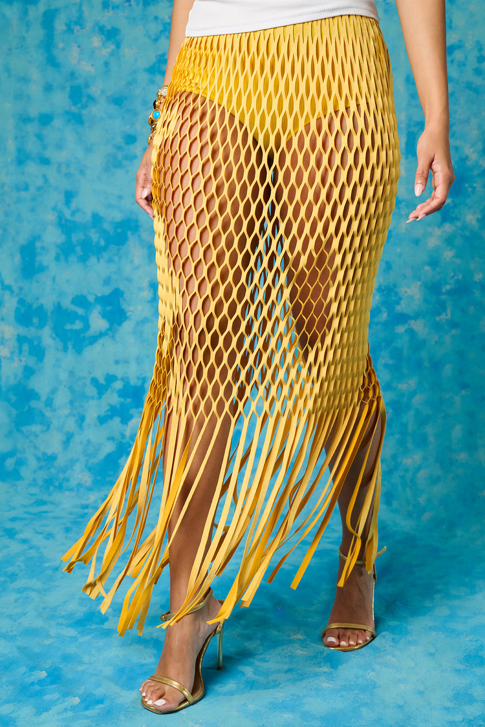 Yumi Faux Suede Laser Cut Skirt - Yellow