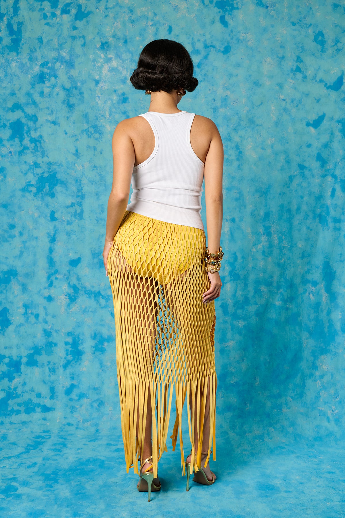 sahara MARNI ライムイエロー Slit Neck Silky Yumi Faux Suede Laser Cut Skirt - Yellow – Kai Collective