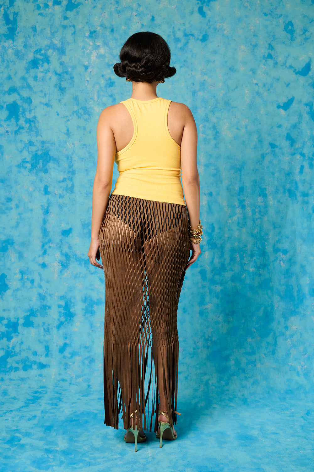Yumi Faux Suede Laser Cut Skirt - Brown