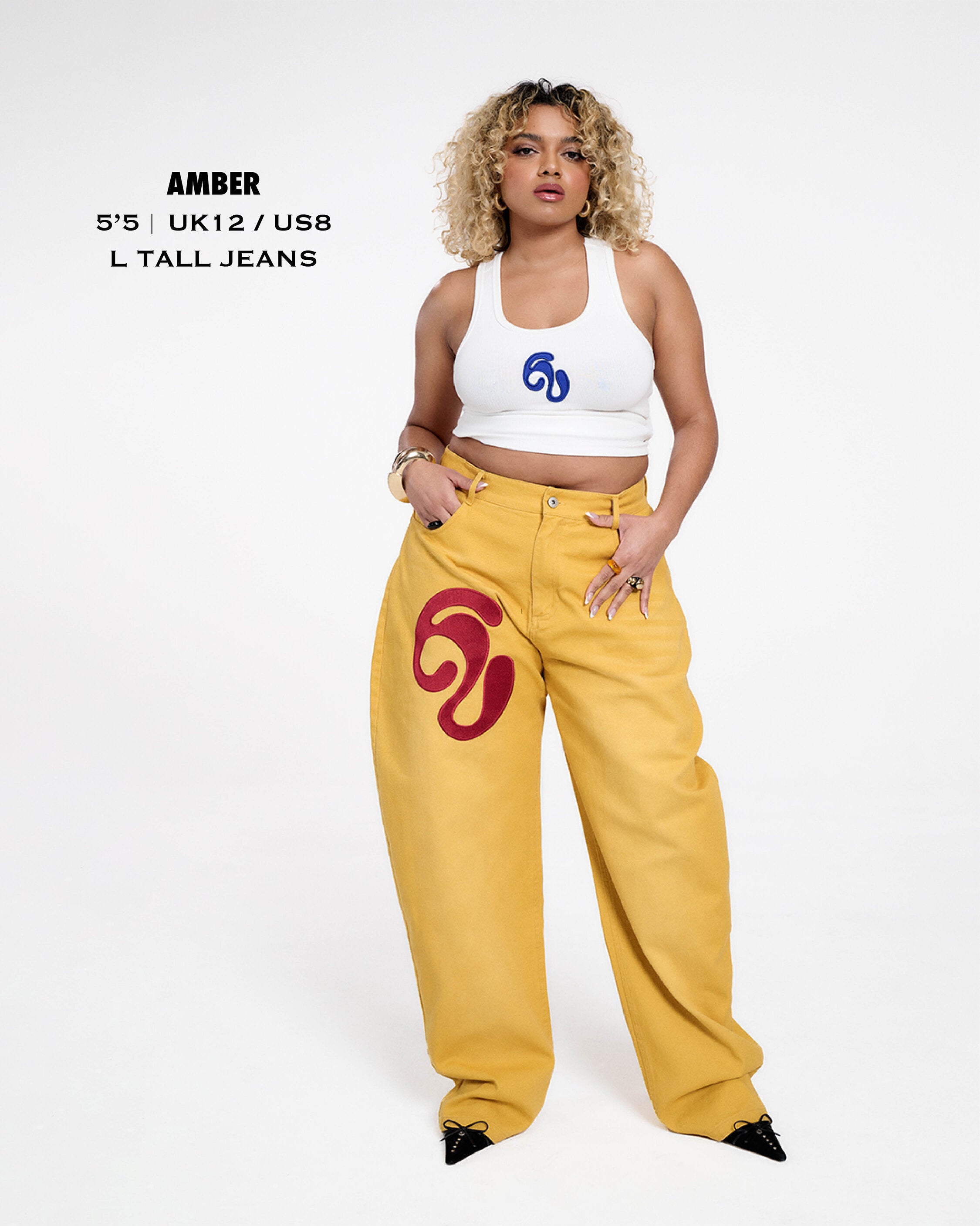 Khala Denim Barrel Leg Logo Embroidered Jeans - Yellow – Kai