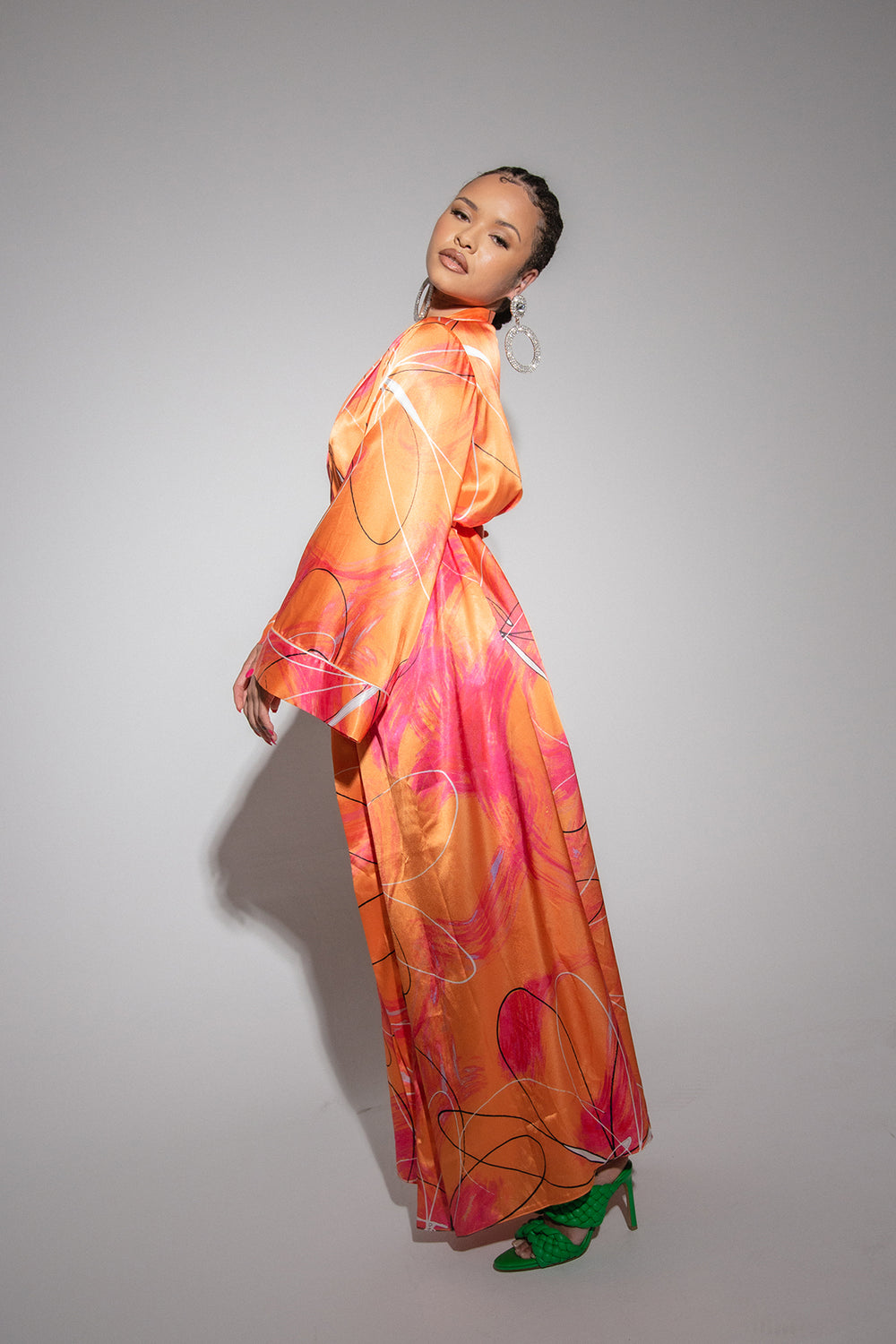 Acacia Silky Satin Printed Kimono- Mandarin