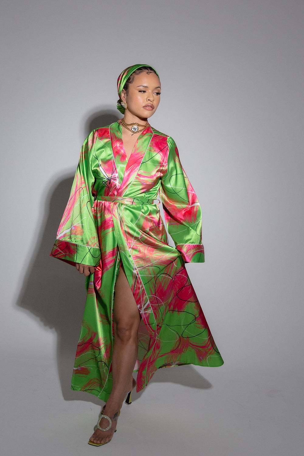 Acacia Silky Satin Printed Kimono- Lime