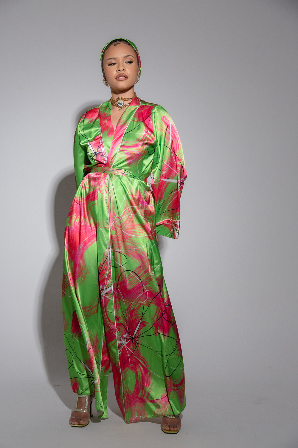 Acacia Silky Satin Printed Kimono- Lime