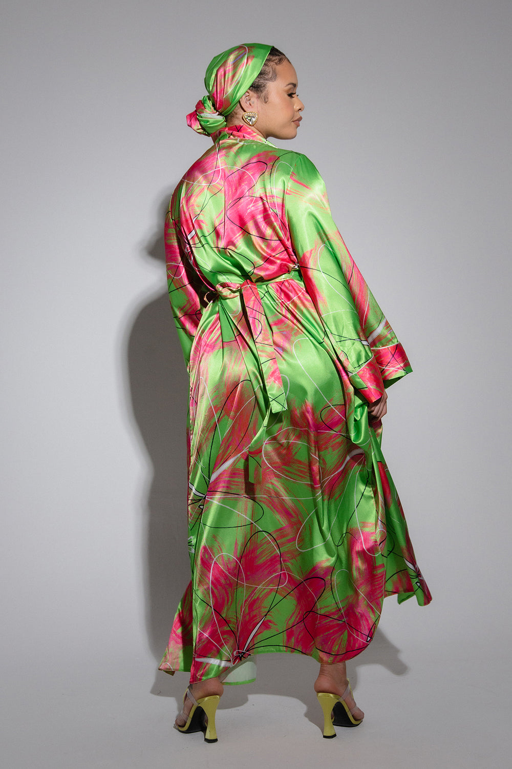 Acacia Silky Satin Printed Kimono- Lime